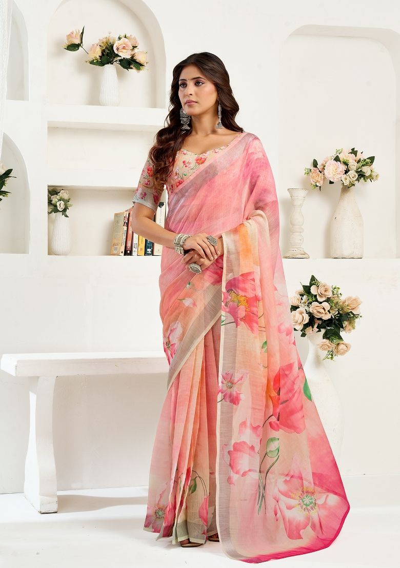 Pink Flower Print Digital Printed Linen Saree With Elegant Unstitched Blouse Piece