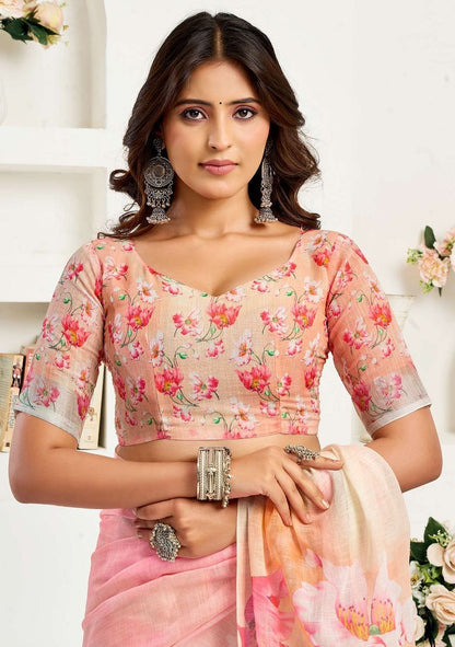 Pink Flower Print Digital Printed Linen Saree With Elegant Unstitched Blouse Piece