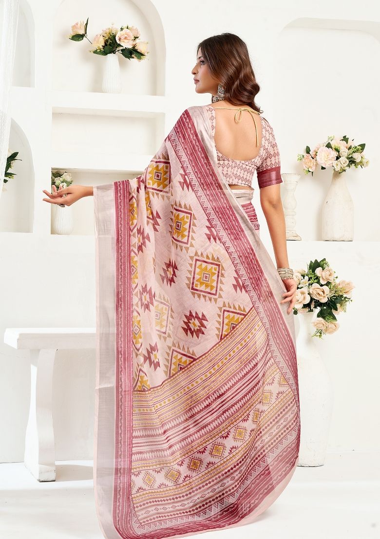 Multicolor Print Digital Printed Linen Saree With Elegant Unstitched Blouse Piece