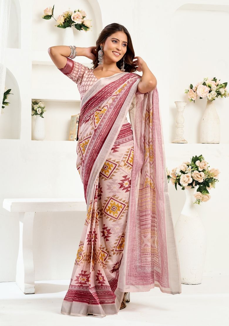 Multicolor Print Digital Printed Linen Saree With Elegant Unstitched Blouse Piece