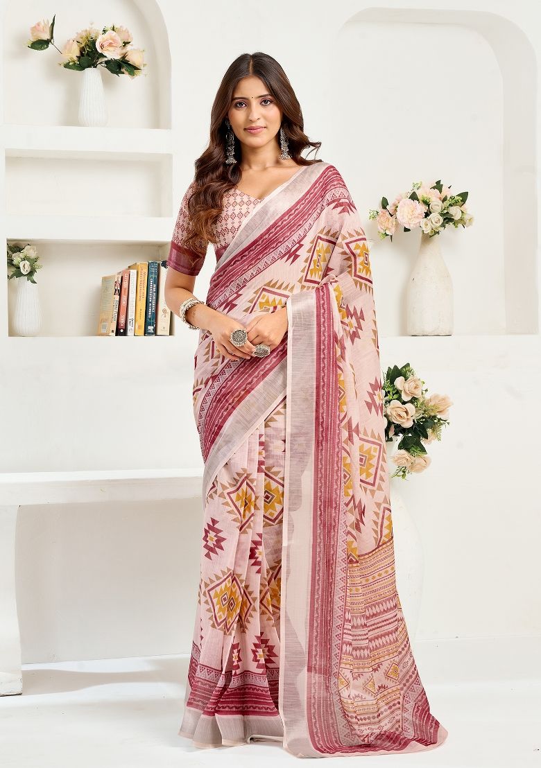 Multicolor Print Digital Printed Linen Saree With Elegant Unstitched Blouse Piece