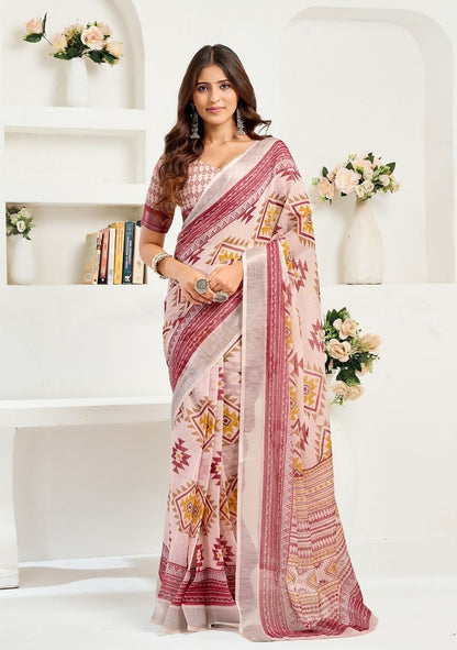 Multicolor Print Digital Printed Linen Saree With Elegant Unstitched Blouse Piece