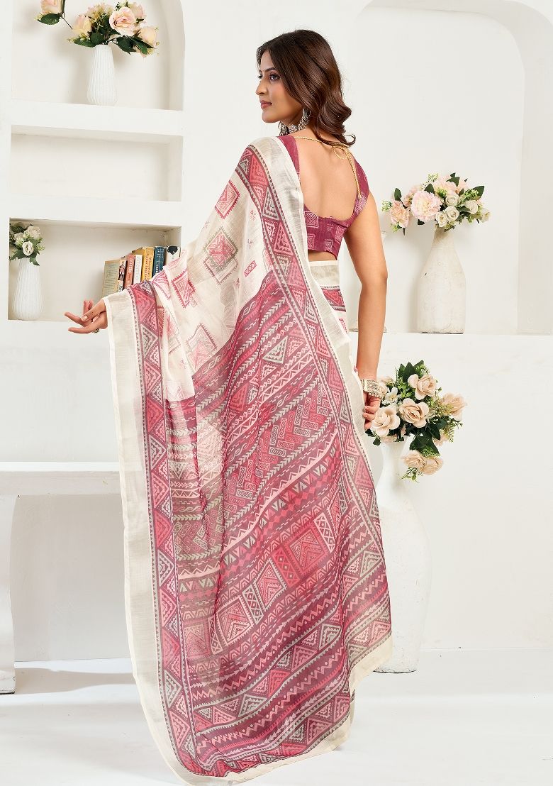 Multicolor Print Digital Printed Linen Saree With Elegant Unstitched Blouse Piece