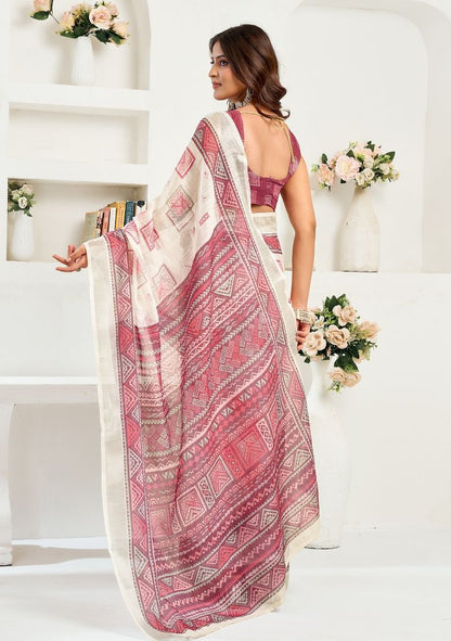 Multicolor Print Digital Printed Linen Saree With Elegant Unstitched Blouse Piece