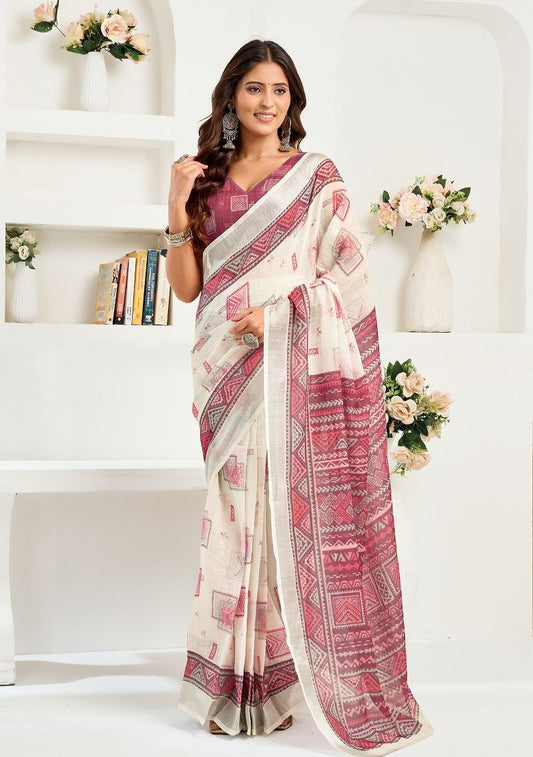 Multicolor Print Digital Printed Linen Saree With Elegant Unstitched Blouse Piece