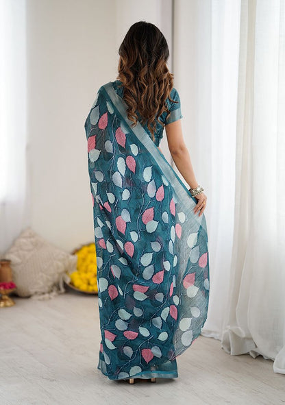 Decent Leaves Print Digital Printed Linen Saree With Elegant Unstitched Blouse Piece