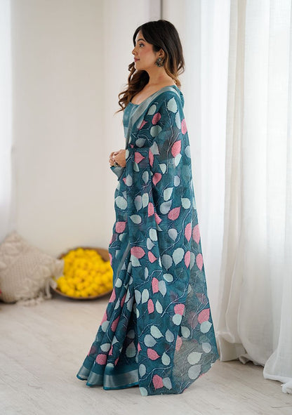 Decent Leaves Print Digital Printed Linen Saree With Elegant Unstitched Blouse Piece
