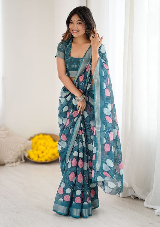 Decent Leaves Print Digital Printed Linen Saree With Elegant Unstitched Blouse Piece