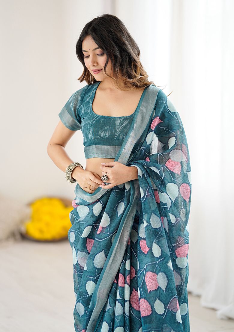 Decent Leaves Print Digital Printed Linen Saree With Elegant Unstitched Blouse Piece