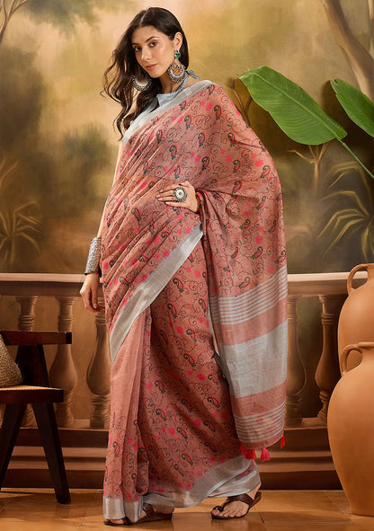 Graceful Linen Digital Print Saree with Unstitched Blouse