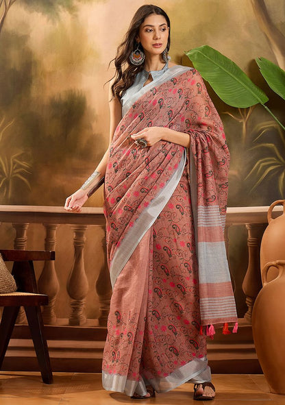 Graceful Linen Digital Print Saree with Unstitched Blouse