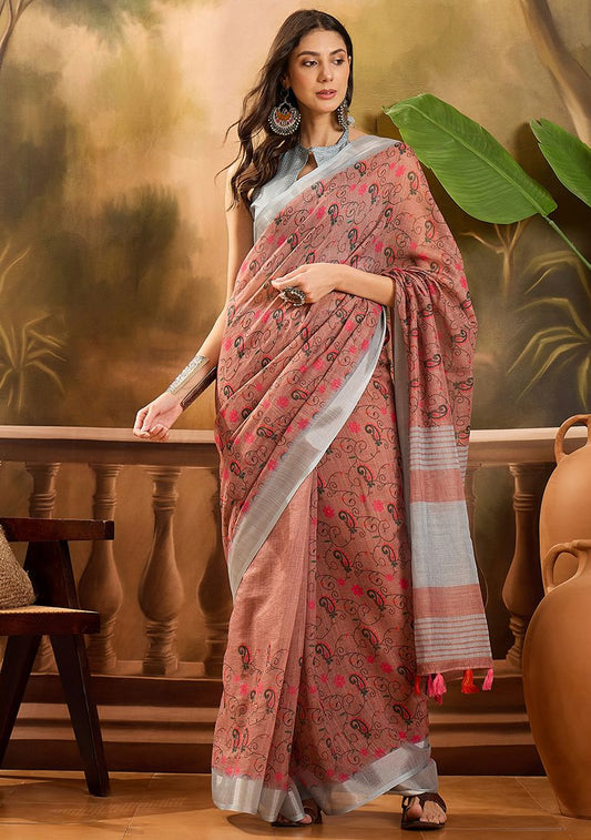 Graceful Linen Digital Print Saree with Unstitched Blouse