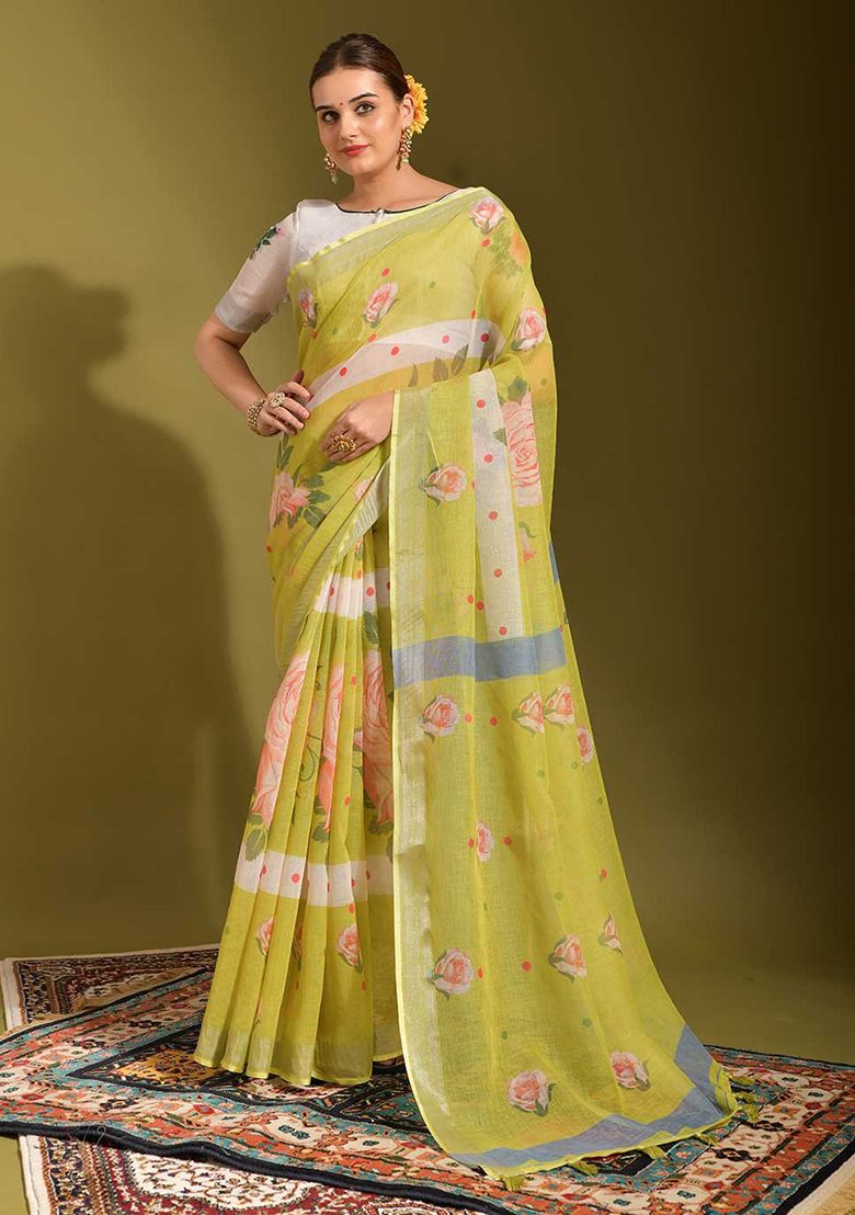 Superb Yellow Digital Flower Printed Linen Saree With Elegant Unstitched Blouse Piece