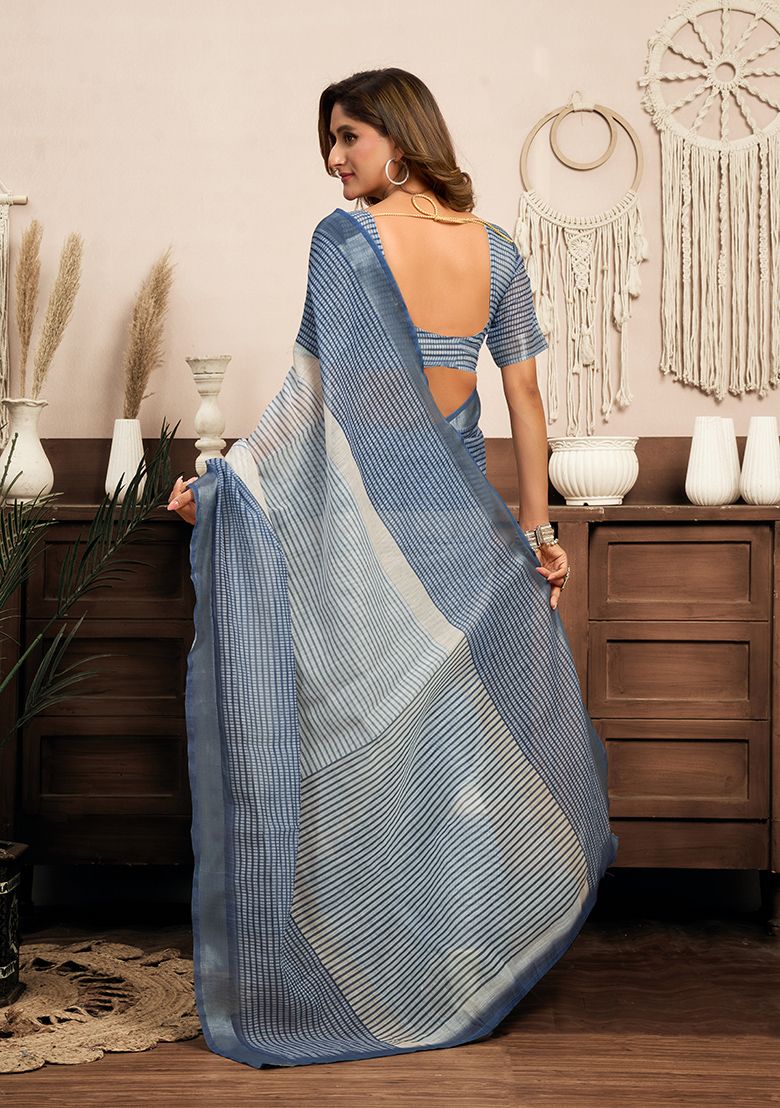 Grey Digital Flower Printed Linen Saree With Elegant Unstitched Blouse Piece