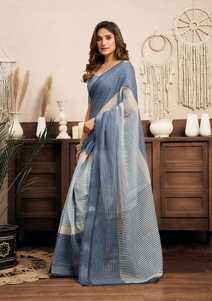 Grey Digital Flower Printed Linen Saree With Elegant Unstitched Blouse Piece