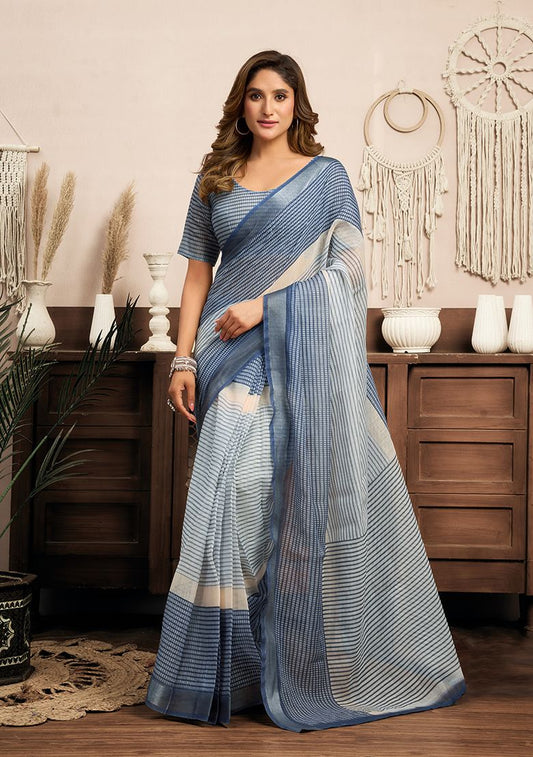 Grey Digital Flower Printed Linen Saree With Elegant Unstitched Blouse Piece