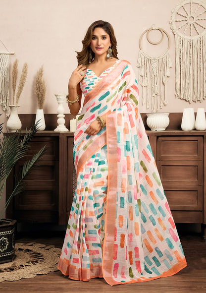 Multicolor Digital Flower Printed Linen Saree With Elegant Unstitched Blouse Piece