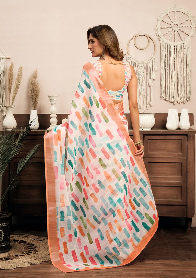Multicolor Digital Flower Printed Linen Saree With Elegant Unstitched Blouse Piece