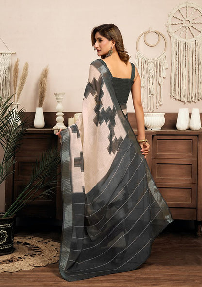 Multicolor Digital Printed Linen Saree With Elegant Unstitched Blouse Piece