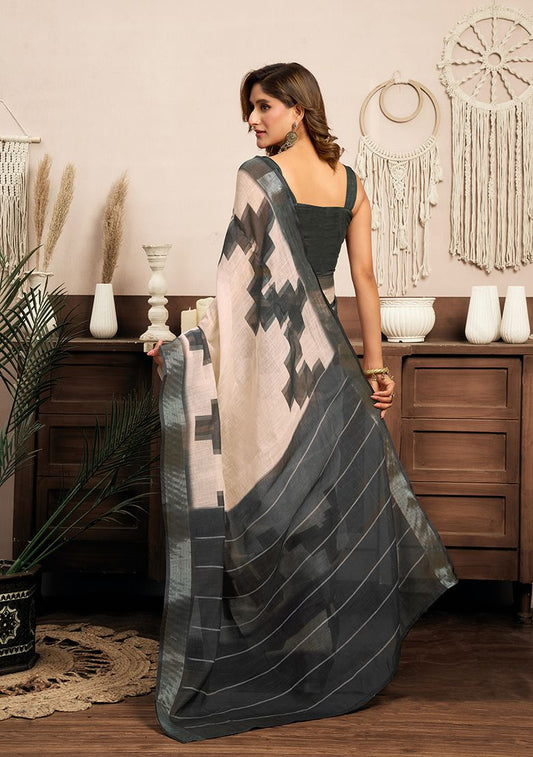 Multicolor Digital Printed Linen Saree With Elegant Unstitched Blouse Piece