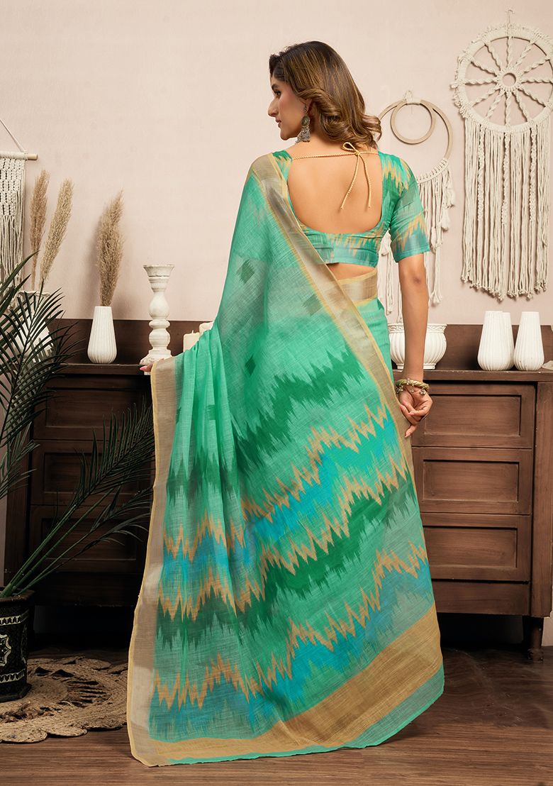 Multicolor Digital Printed Linen Saree With Elegant Unstitched Blouse Piece