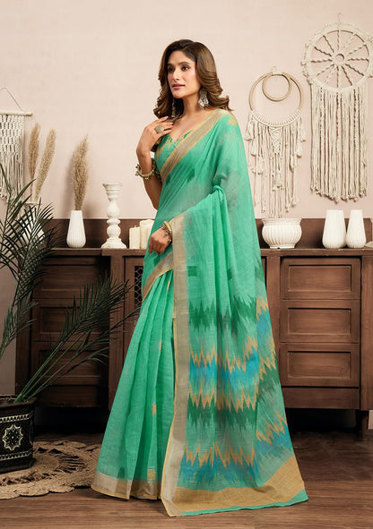 Multicolor Digital Printed Linen Saree With Elegant Unstitched Blouse Piece