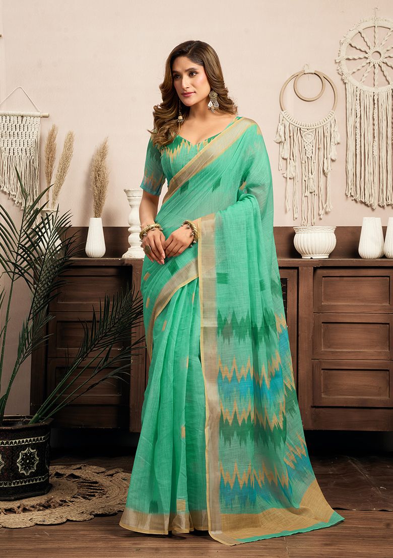 Multicolor Digital Printed Linen Saree With Elegant Unstitched Blouse Piece