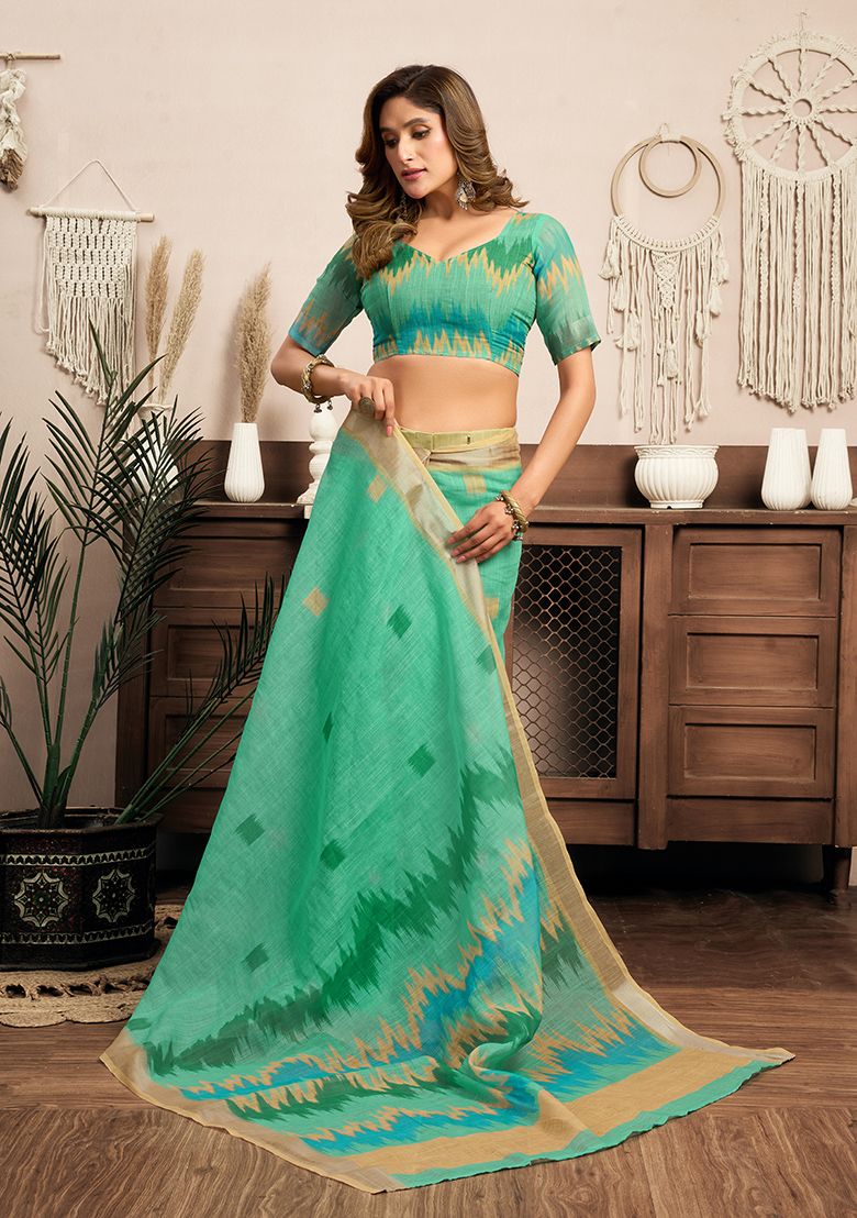 Multicolor Digital Printed Linen Saree With Elegant Unstitched Blouse Piece