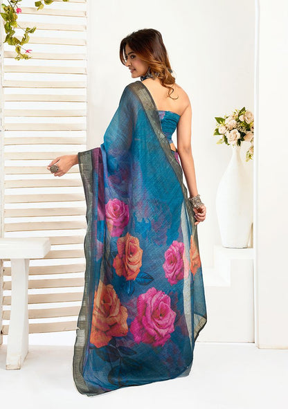 Flower Digital Printed Linen Saree With Elegant Unstitched Blouse Piece
