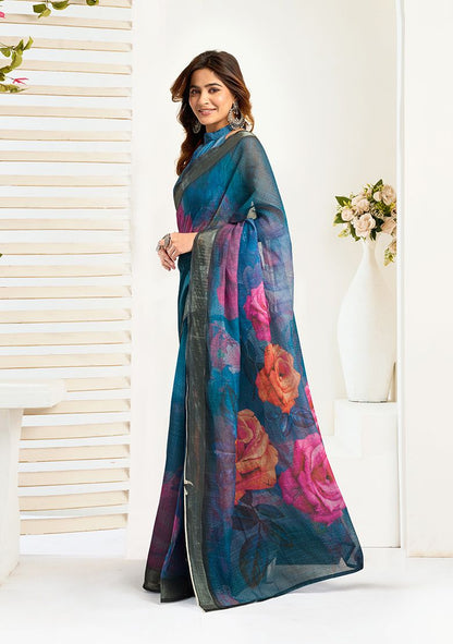 Flower Digital Printed Linen Saree With Elegant Unstitched Blouse Piece