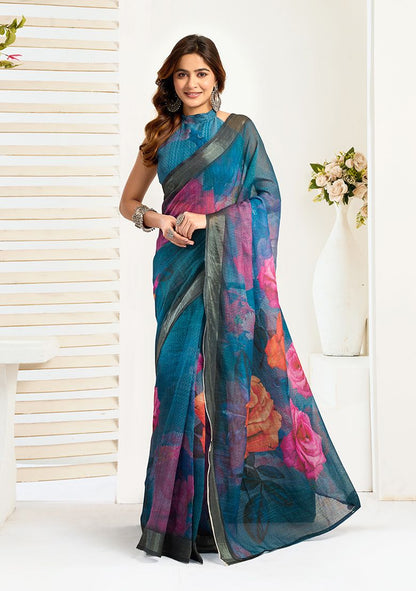 Flower Digital Printed Linen Saree With Elegant Unstitched Blouse Piece