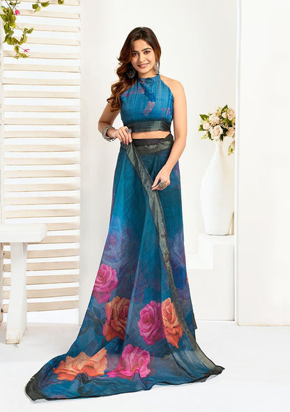 Flower Digital Printed Linen Saree With Elegant Unstitched Blouse Piece