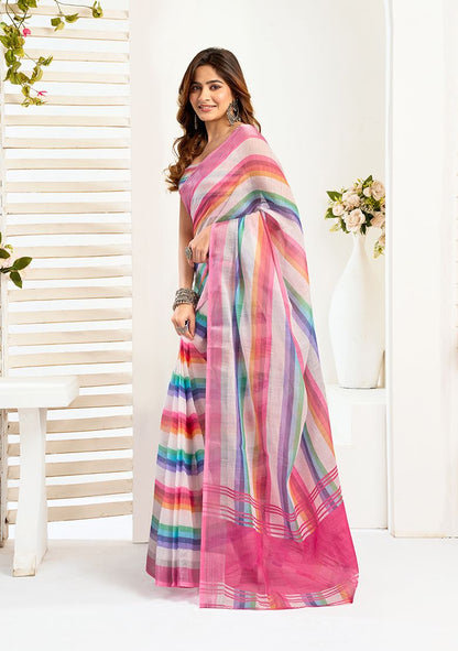 Multicolor Digital Printed Linen Saree With Elegant Unstitched Blouse Piece