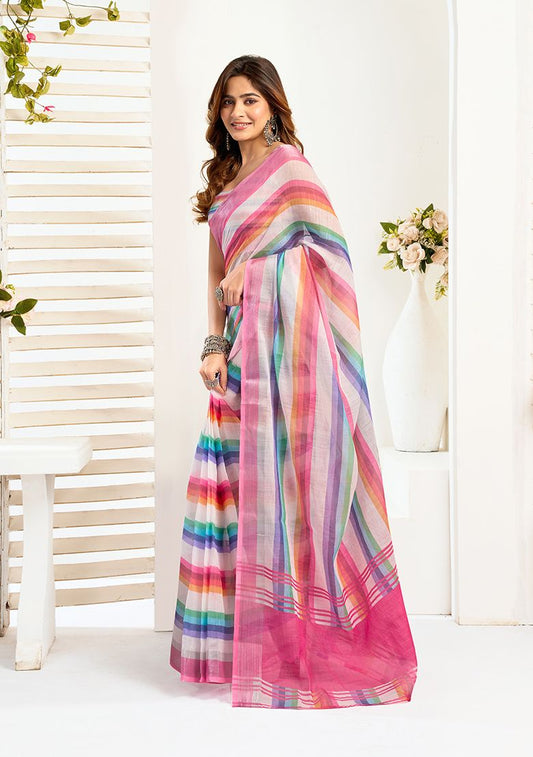 Multicolor Digital Printed Linen Saree With Elegant Unstitched Blouse Piece