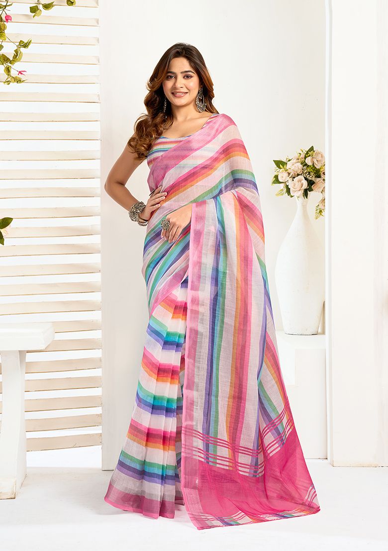 Multicolor Digital Printed Linen Saree With Elegant Unstitched Blouse Piece