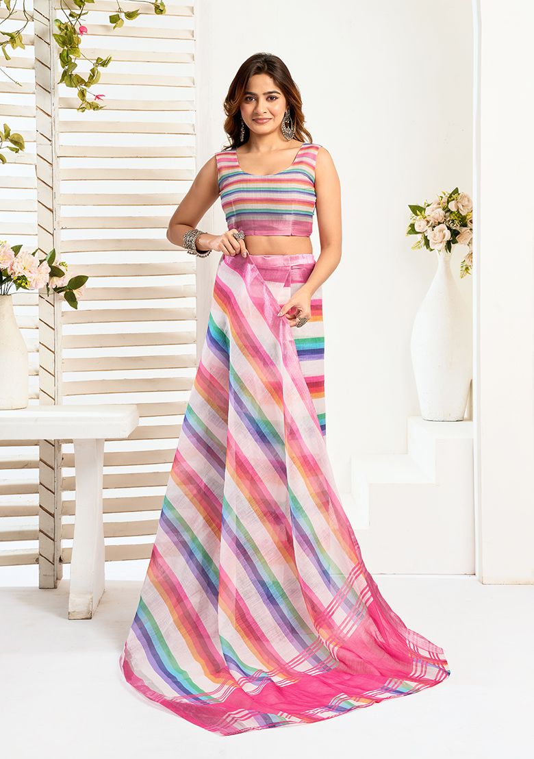 Multicolor Digital Printed Linen Saree With Elegant Unstitched Blouse Piece
