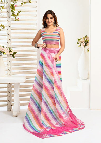 Multicolor Digital Printed Linen Saree With Elegant Unstitched Blouse Piece