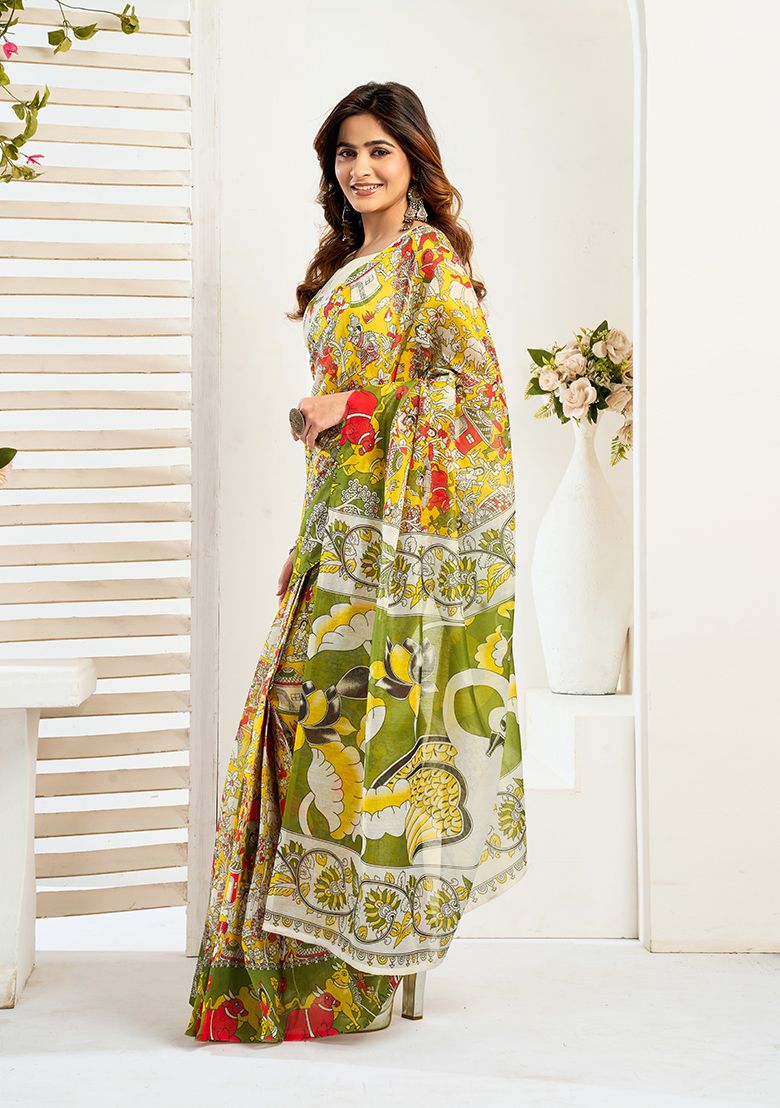 Multicolor Flower print Digital Printed Linen Saree With Elegant Unstitched Blouse Piece