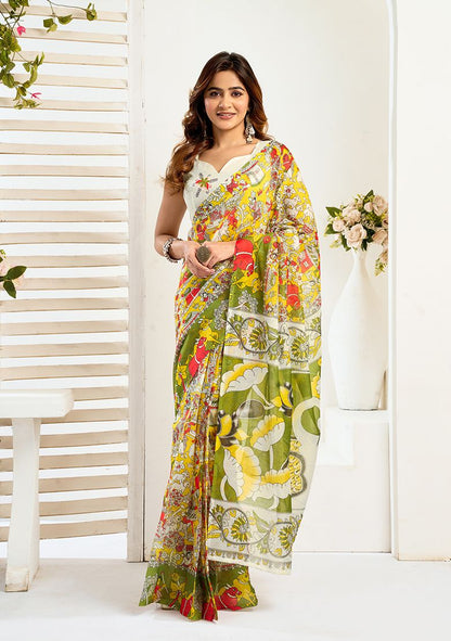 Multicolor Flower print Digital Printed Linen Saree With Elegant Unstitched Blouse Piece