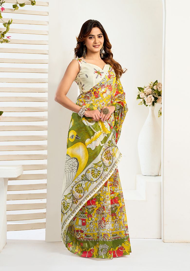 Multicolor Flower print Digital Printed Linen Saree With Elegant Unstitched Blouse Piece