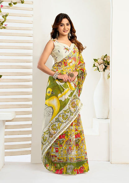 Multicolor Flower print Digital Printed Linen Saree With Elegant Unstitched Blouse Piece