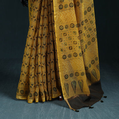 Elegant Yellow Azrak Print Mul Cotton Saree With Unstitched Blouse Piece