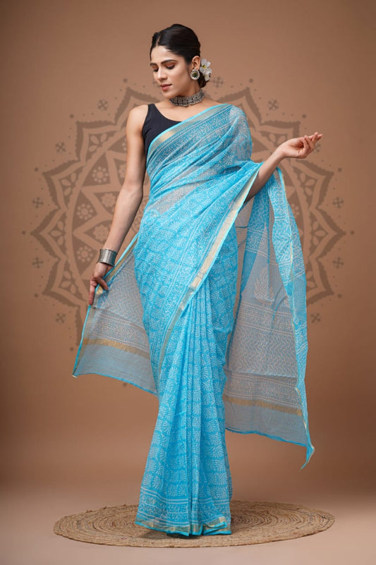 SkyBlue Flower Print Cotton Saree