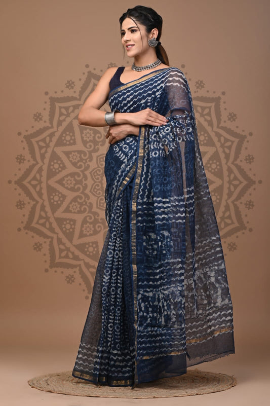 Navy Blue Block Print Cotton Saree