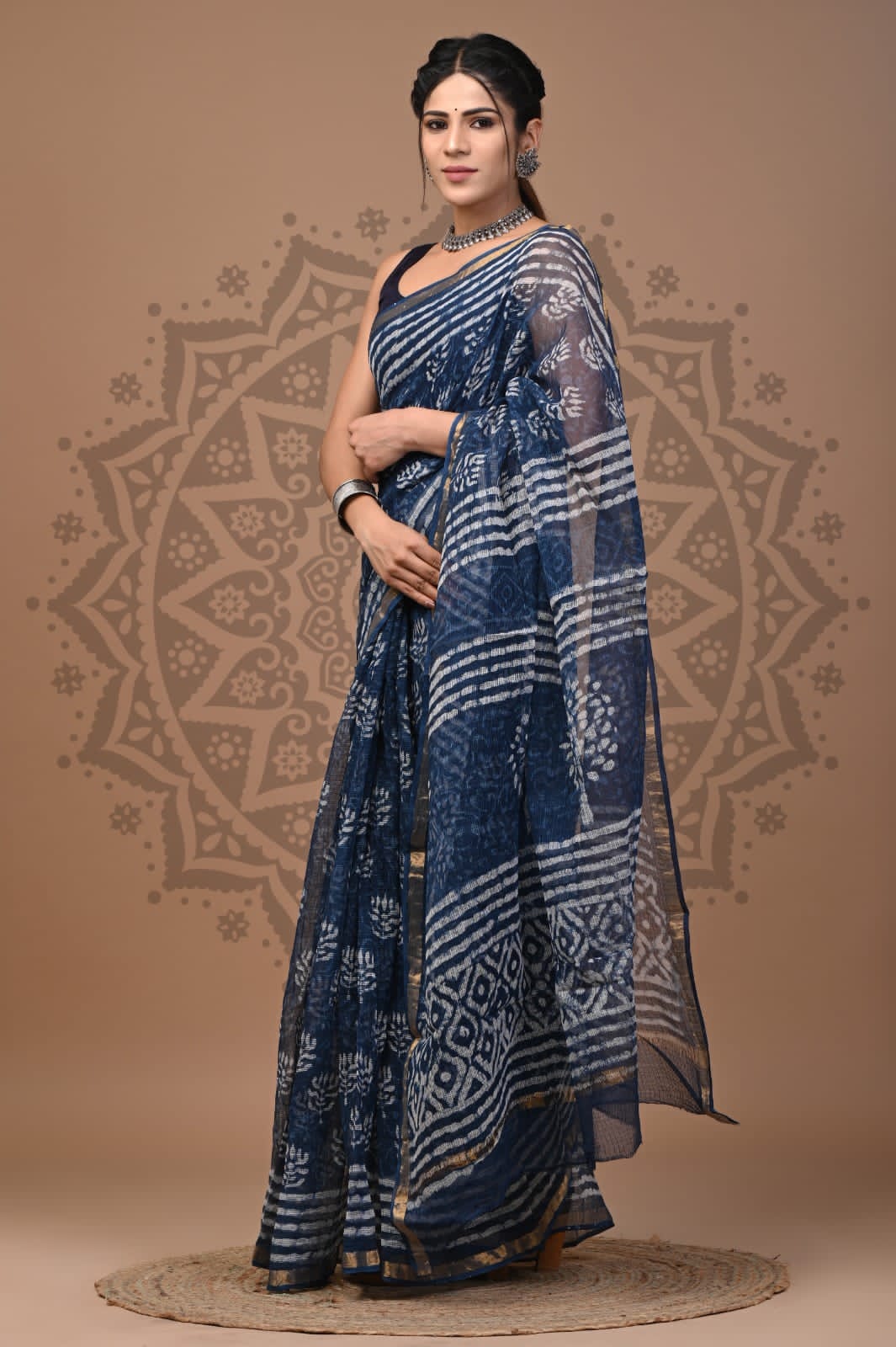 Navy Blue Block Print Cotton Saree