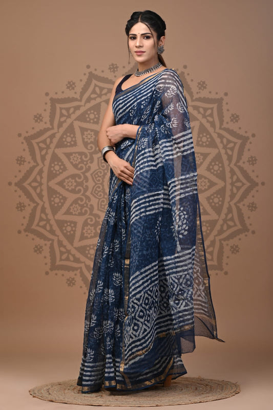 Navy Blue Block Print Cotton Saree