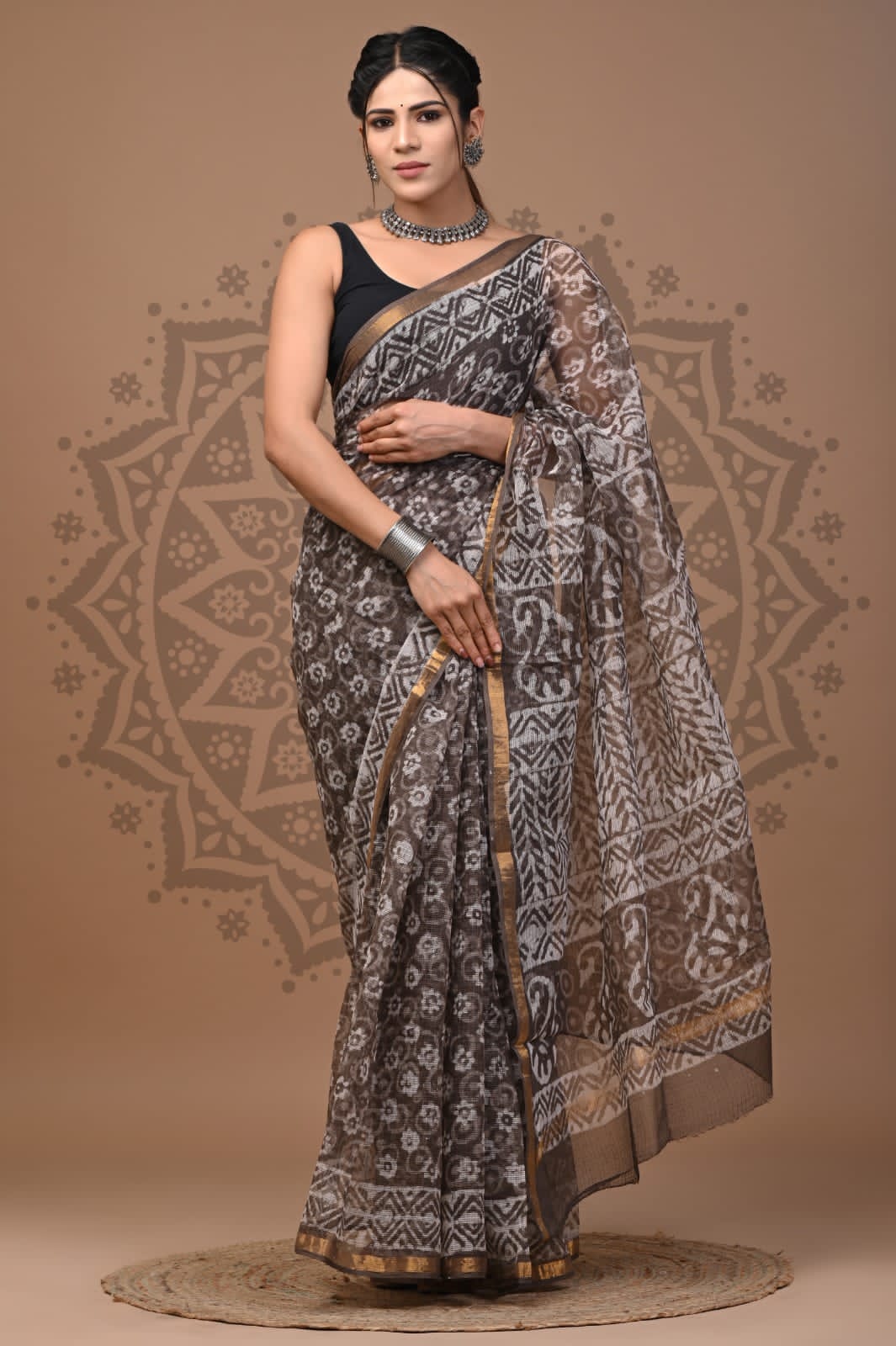 Coffee Block Print Cotton Saree