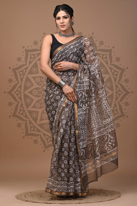 Coffee Block Print Cotton Saree