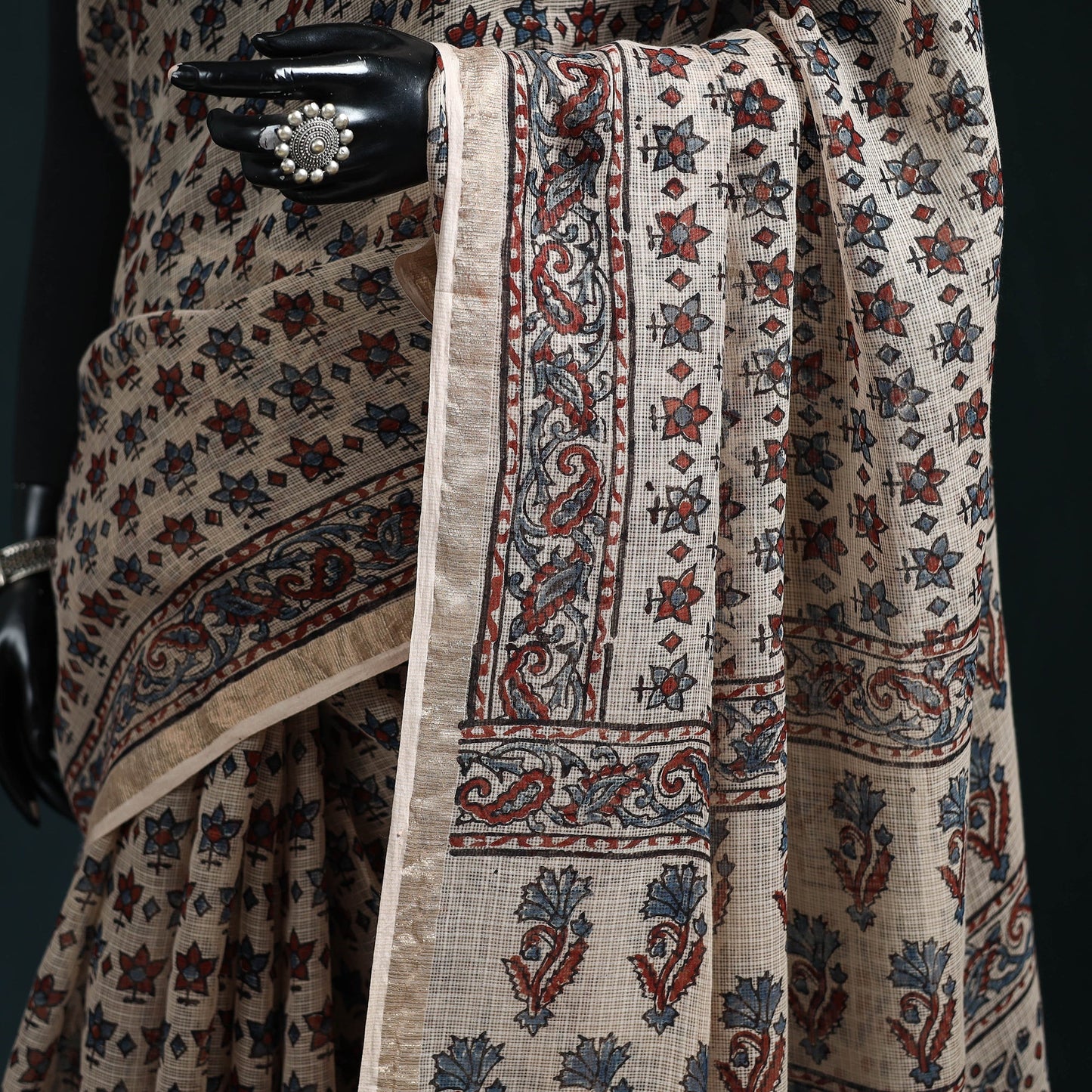 Multicolor Azrak Print Mul Cotton Saree With Unstitched Blouse Piece