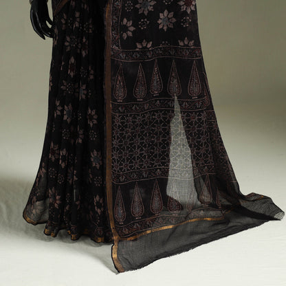 Black Azrak Print Mul Cotton Saree With Unstitched Blouse Piece